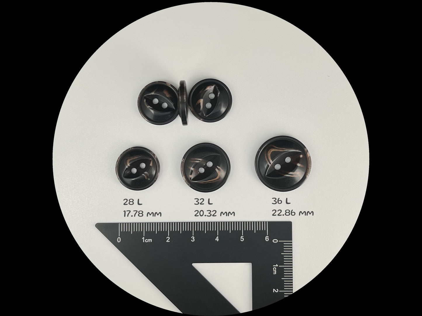 Black Fish Eye Pearl Imitation Buttons, Multi-Colored, 18-23mm (28L, 32L & 36L). 2-Hole Sew On for Jackets, Coats, Apparel, Crafts