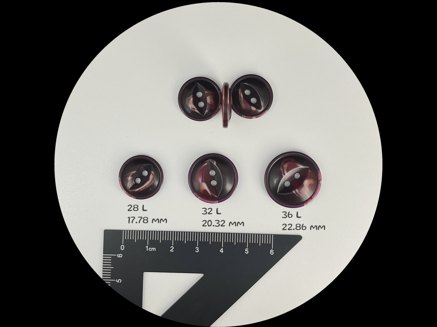 Dark Purple Fish Eye Pearl Imitation Buttons, Multi-Colored, 18-23mm (28L, 32L & 36L). 2-Hole Sew On for Jackets, Coats, Apparel, Crafts