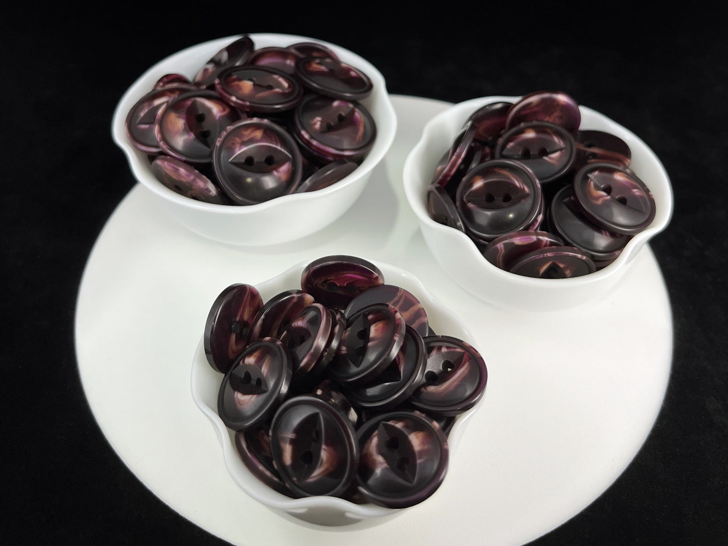 Dark Purple Fish Eye Pearl Imitation Buttons, Multi-Colored, 18-23mm (28L, 32L & 36L). 2-Hole Sew On for Jackets, Coats, Apparel, Crafts