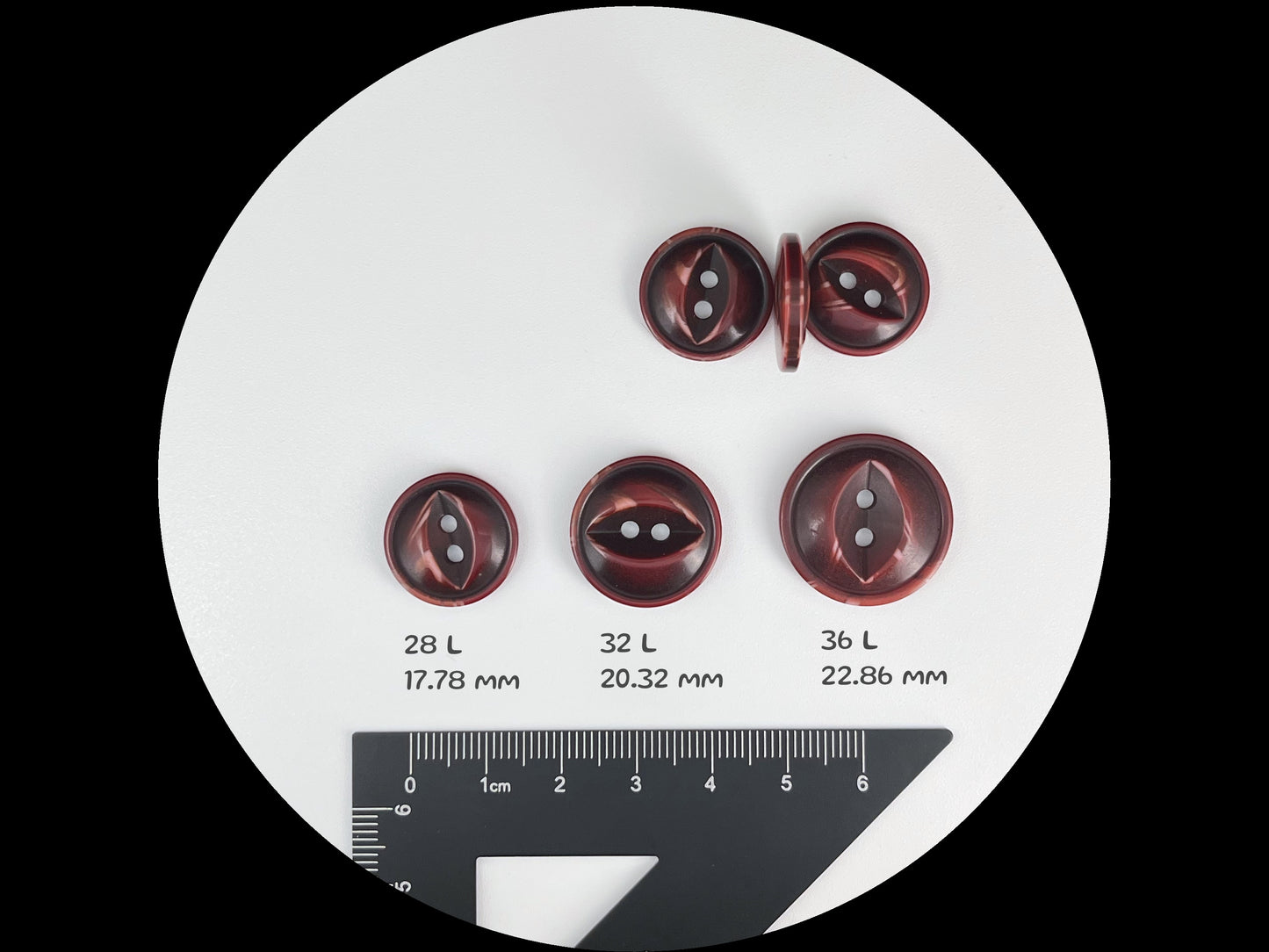 Bordeaux Red Fish Eye Pearl Imitation Buttons, Multi-Colored, 18-23mm (28L, 32L & 36L). 2-Hole Sew On for Jackets, Coats, Apparel, Crafts