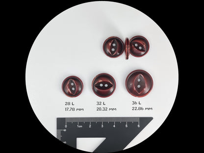 Bordeaux Red Fish Eye Pearl Imitation Buttons, Multi-Colored, 18-23mm (28L, 32L & 36L). 2-Hole Sew On for Jackets, Coats, Apparel, Crafts