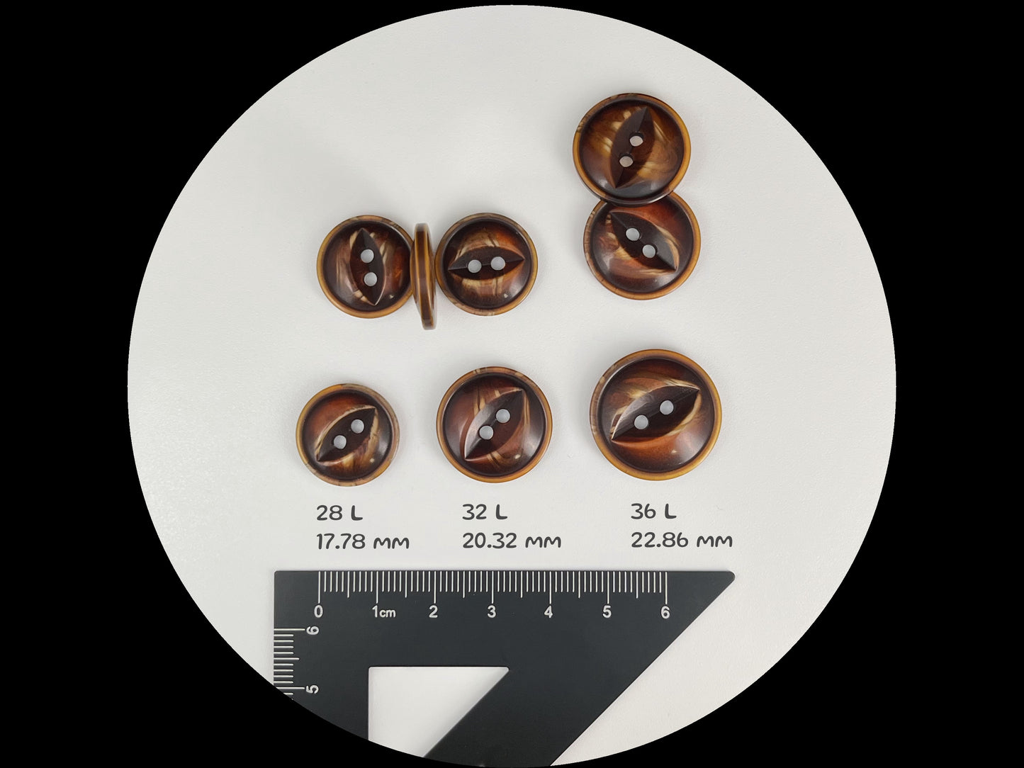 Golden Brown Fish Eye Pearl Imitation Buttons, Multi-Colored, 18-23mm (28L, 32L & 36L). 2-Hole Sew On for Jackets, Coats, Apparel, Crafts