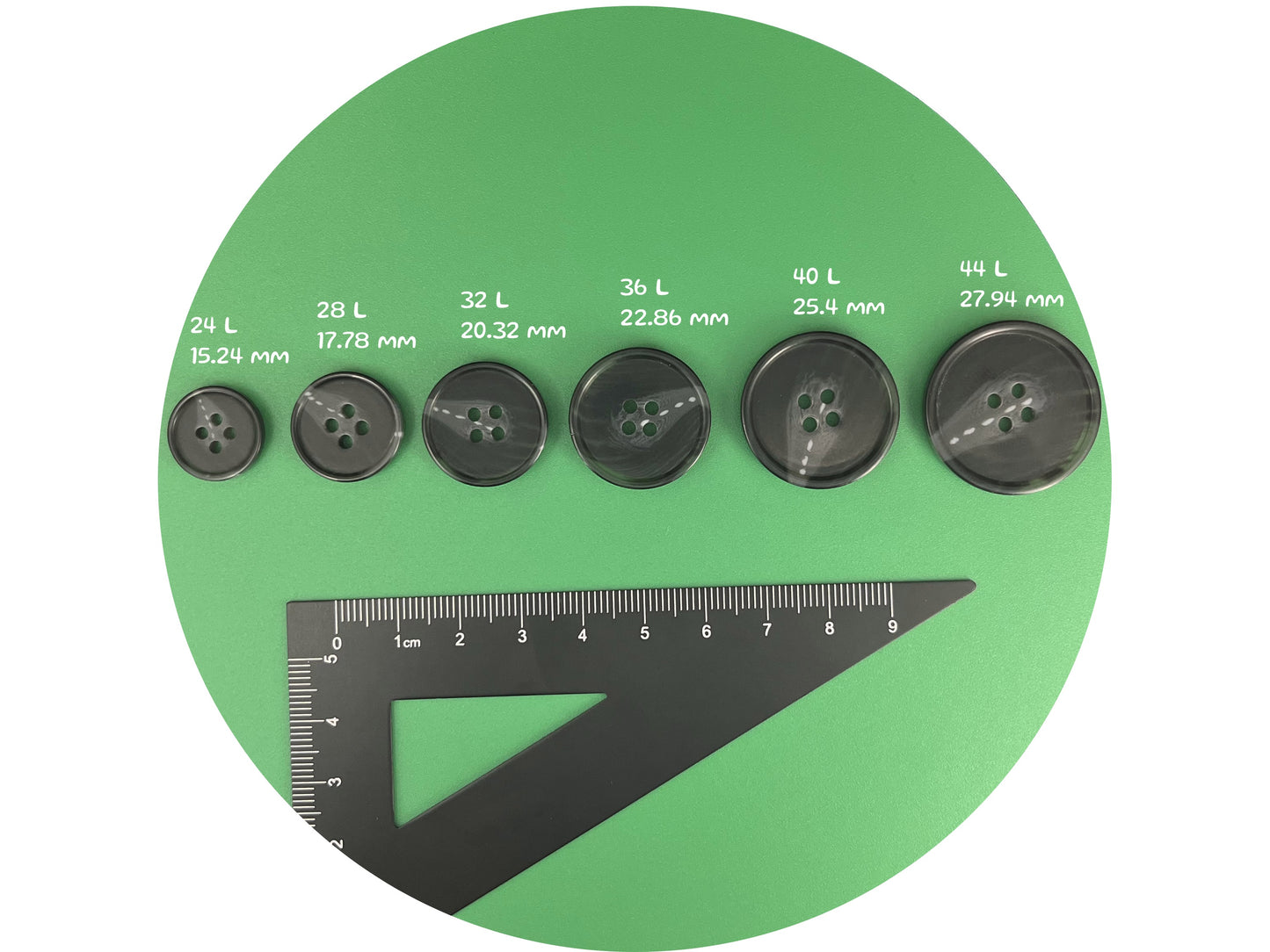 Black Horn Imitation Resin Buttons, 15-28mm (24L-44L). 4-Hole Sew On for Suits, Pants, Dresses, Coats, Jackets & Sweaters