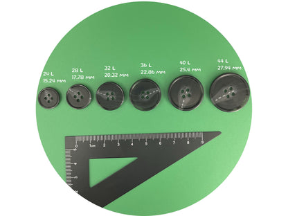 Black Horn Imitation Resin Buttons, 15-28mm (24L-44L). 4-Hole Sew On for Suits, Pants, Dresses, Coats, Jackets & Sweaters