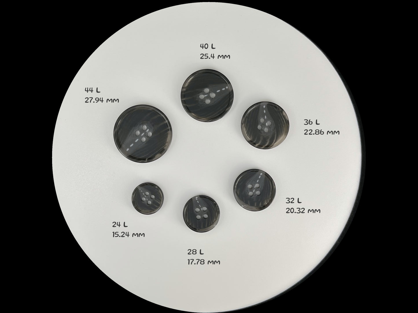 Black Horn Imitation Resin Buttons, 15-28mm (24L-44L). 4-Hole Sew On for Suits, Pants, Dresses, Coats, Jackets & Sweaters