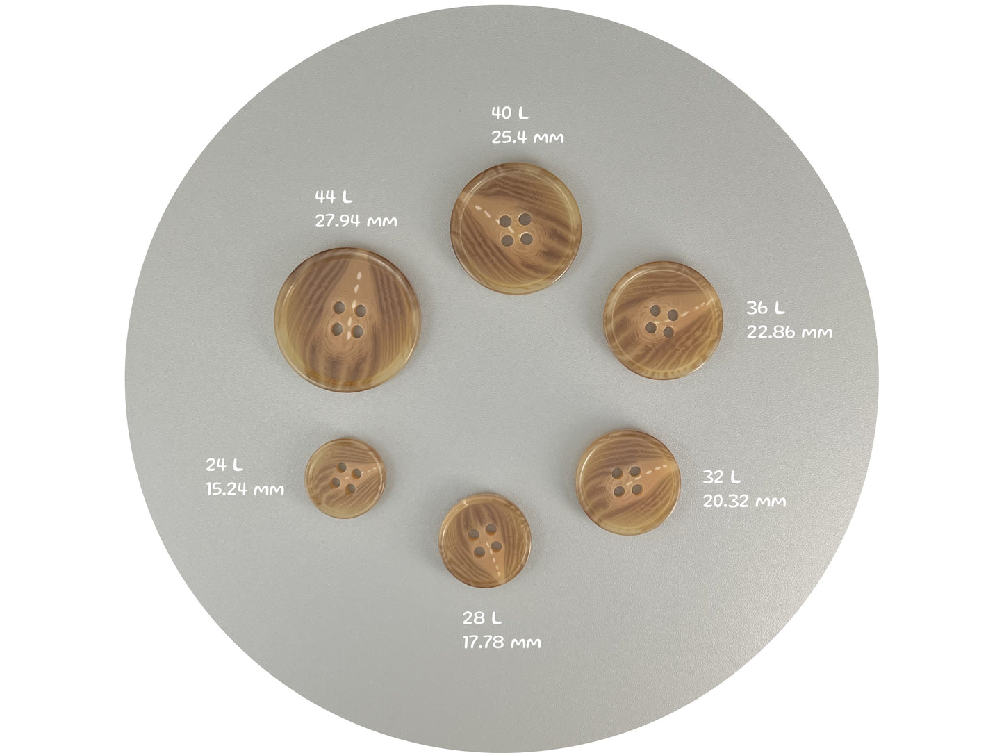 Brown Horn Imitation Resin Buttons, 15-28mm (24L-44L). 4-Hole Sew On for Suits, Pants, Dresses, Coats, Jackets & Sweaters