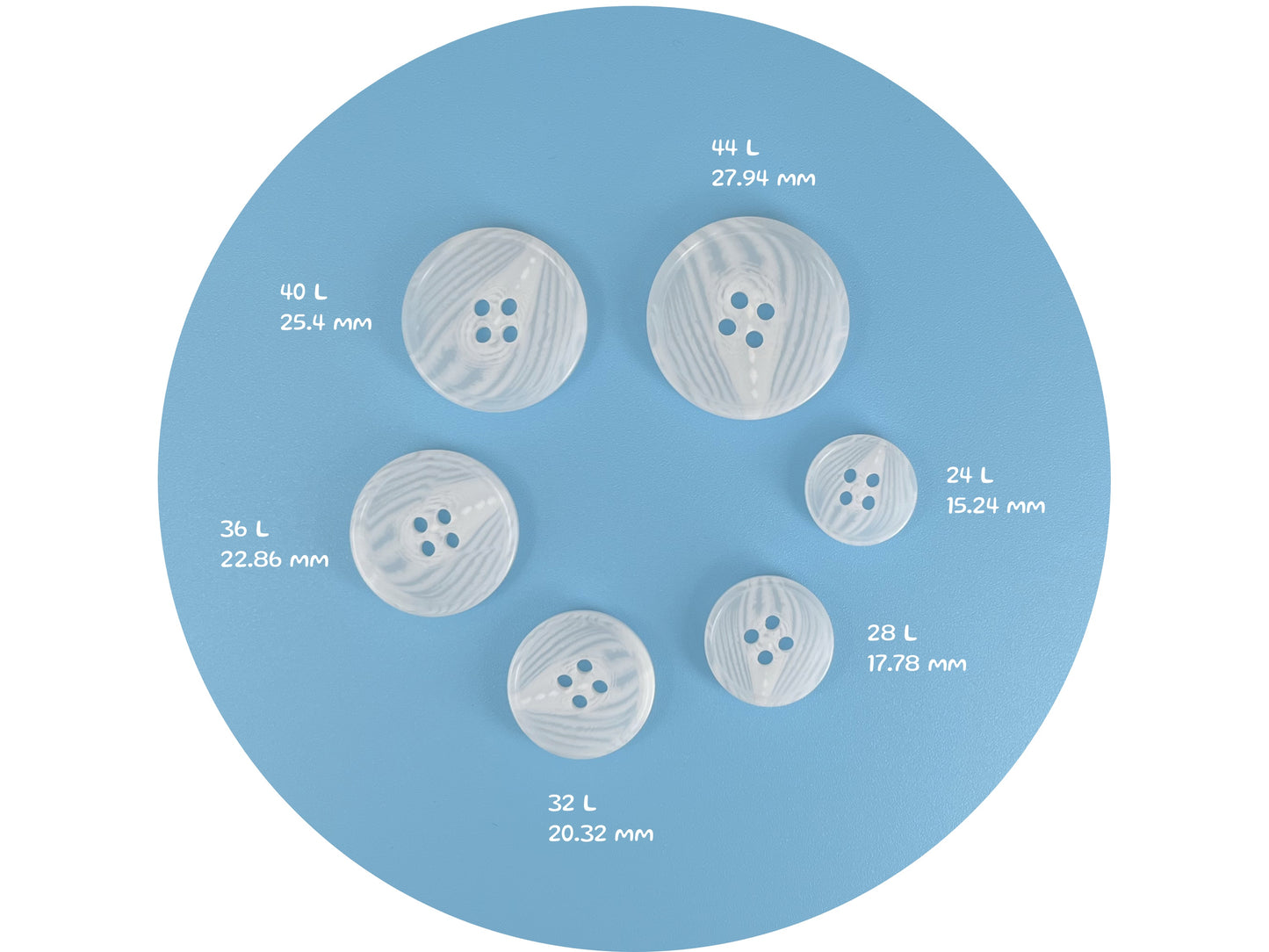White Horn Imitation Resin Buttons, 15-28mm (24L-44L). 4-Hole Sew On for Suits, Pants, Dresses, Coats, Jackets & Sweaters