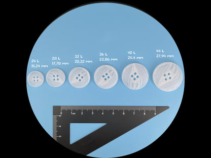 White Horn Imitation Resin Buttons, 15-28mm (24L-44L). 4-Hole Sew On for Suits, Pants, Dresses, Coats, Jackets & Sweaters