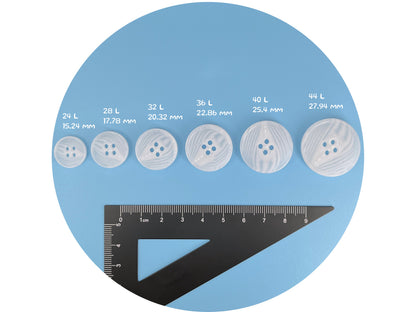White Horn Imitation Resin Buttons, 15-28mm (24L-44L). 4-Hole Sew On for Suits, Pants, Dresses, Coats, Jackets & Sweaters