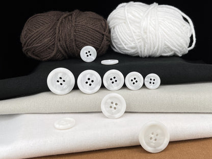 White Horn Imitation Buttons, Two Tones, 15-25mm (24L-40L). 4-Hole Sew On for Suits, Pants, Dresses, Coats, Jackets & Sweaters