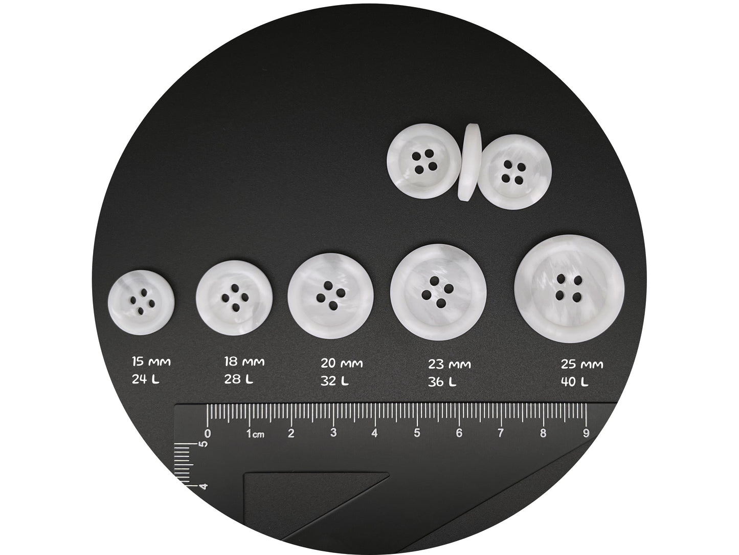 White Horn Imitation Buttons, Two Tones, 15-25mm (24L-40L). 4-Hole Sew On for Suits, Pants, Dresses, Coats, Jackets & Sweaters
