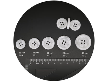 White Horn Imitation Buttons, Two Tones, 15-25mm (24L-40L). 4-Hole Sew On for Suits, Pants, Dresses, Coats, Jackets & Sweaters