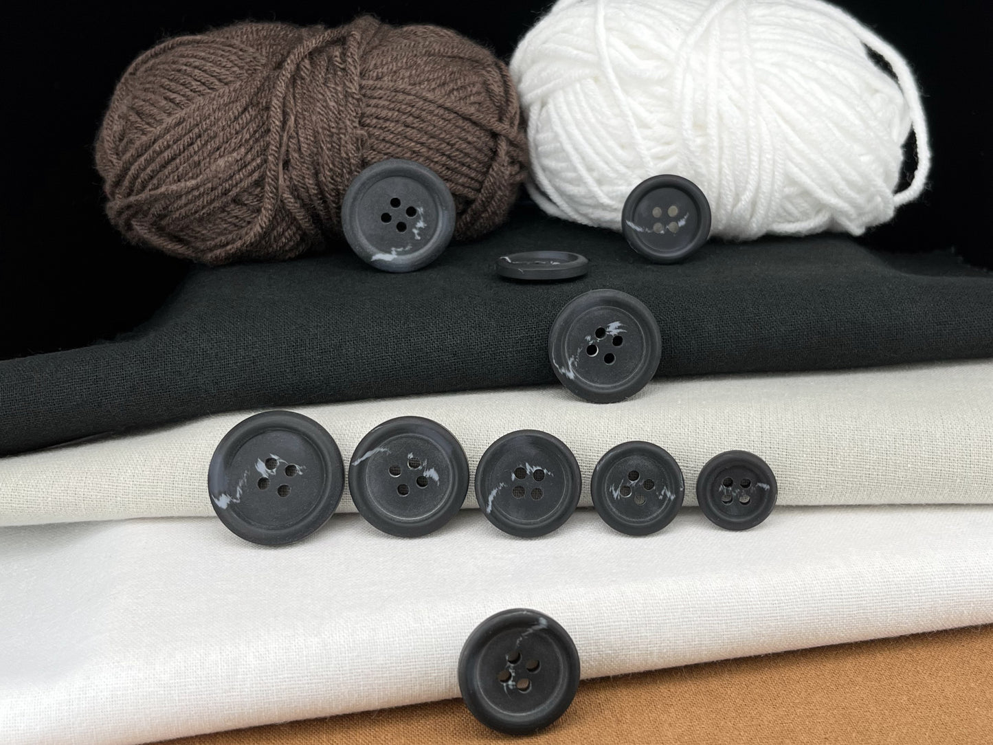 Black Horn Imitation Buttons, Two Tones, 15-25mm (24L-40L). 4-Hole Sew On for Suits, Pants, Dresses, Coats, Jackets, Sweaters