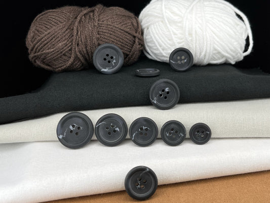Black Horn Imitation Buttons, Two Tones, 15-25mm (24L-40L). 4-Hole Sew On for Suits, Pants, Dresses, Coats, Jackets, Sweaters
