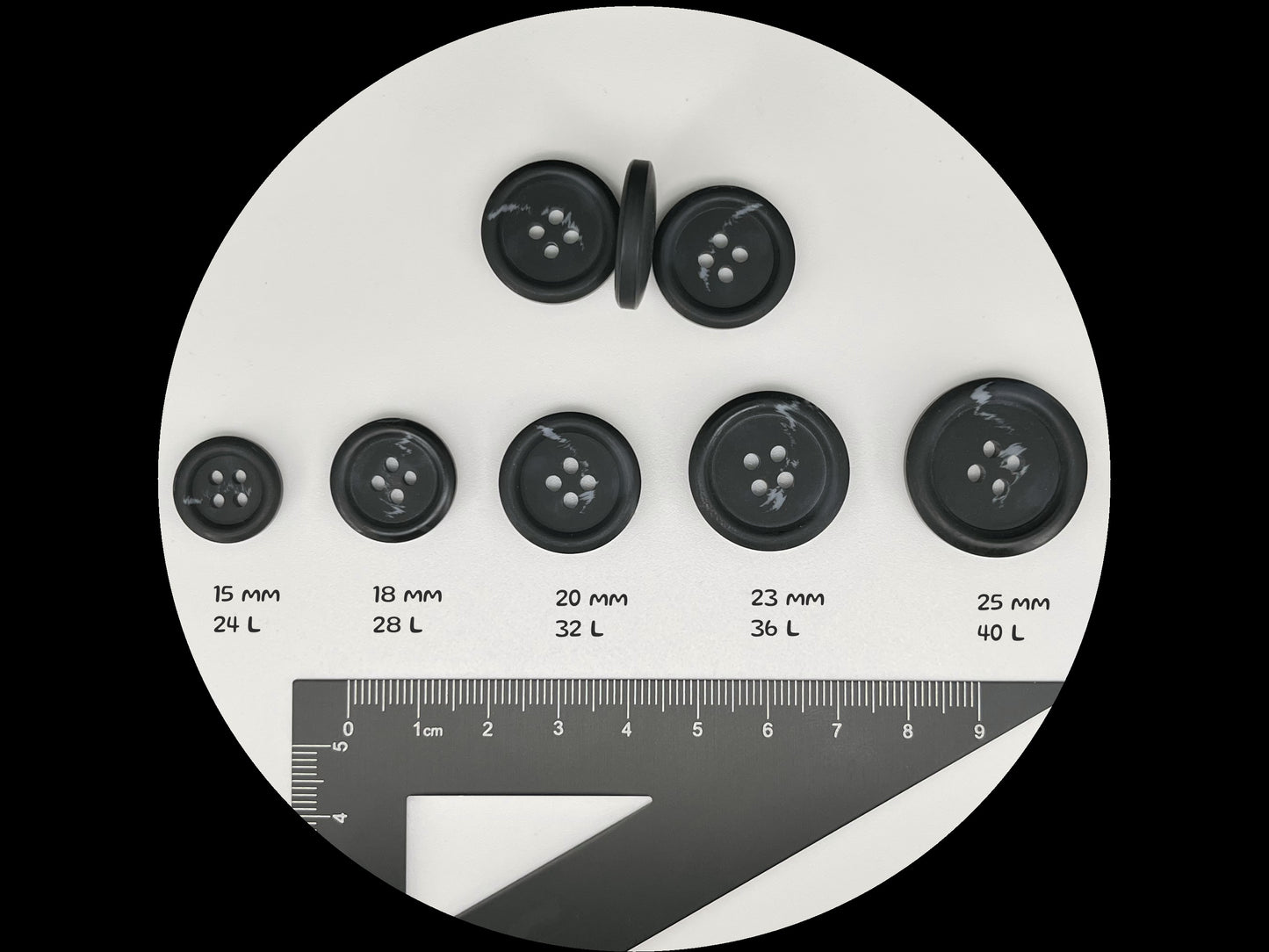 Black Horn Imitation Buttons, Two Tones, 15-25mm (24L-40L). 4-Hole Sew On for Suits, Pants, Dresses, Coats, Jackets, Sweaters