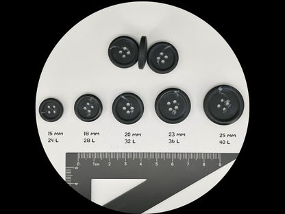 Black Horn Imitation Buttons, Two Tones, 15-25mm (24L-40L). 4-Hole Sew On for Suits, Pants, Dresses, Coats, Jackets, Sweaters