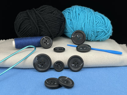 Black Horn Imitation Buttons, Two Tones, 15-25mm (24L-40L). 4-Hole Sew On for Suits, Pants, Dresses, Coats, Jackets, Sweaters