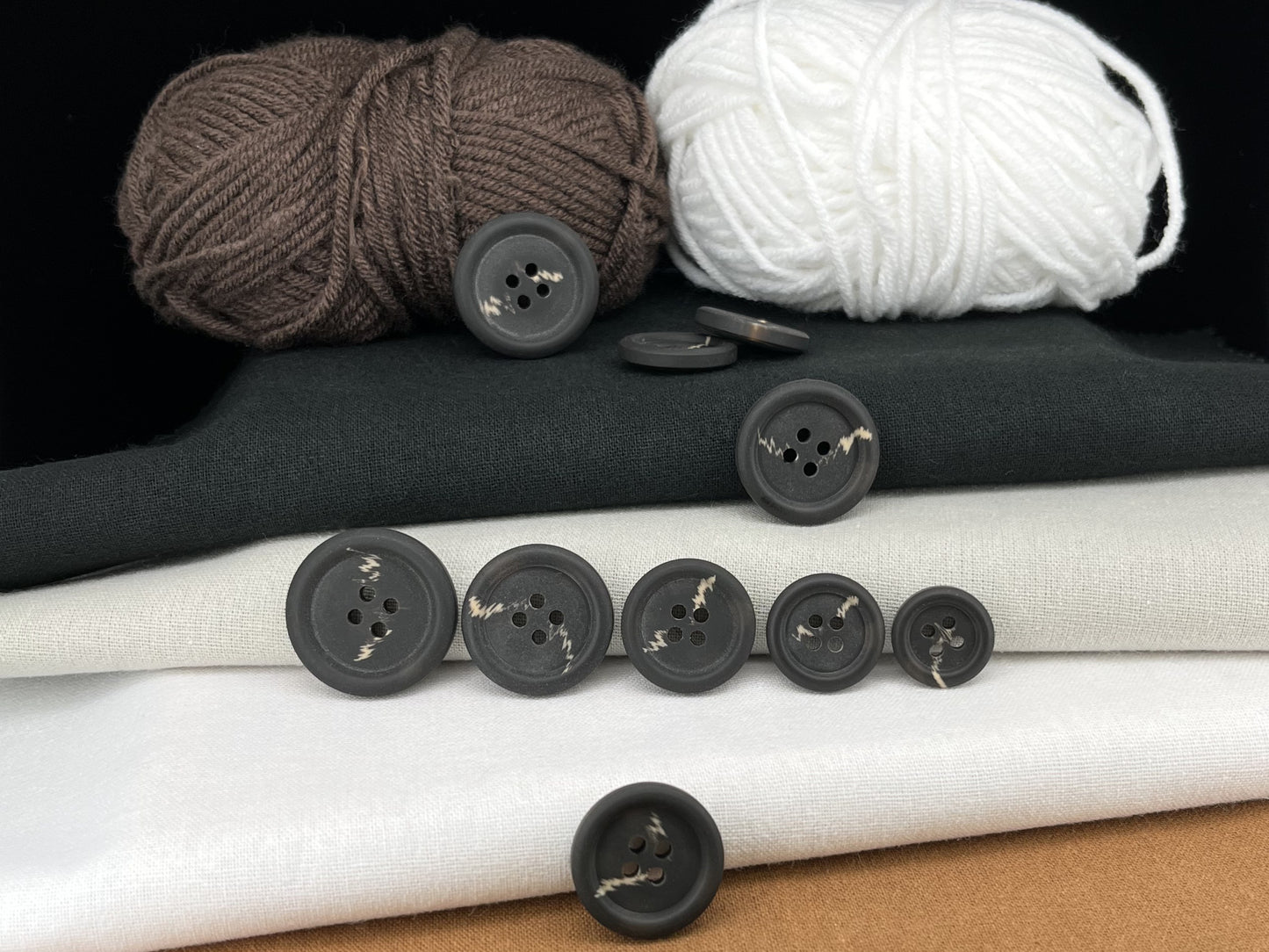Dark Grey Horn Imitation Buttons, Two Tones, 15-25mm (24L-40L). 4-Hole Sew On for Suits, Pants, Dresses, Coats, Jackets, Sweaters
