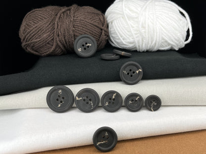 Dark Grey Horn Imitation Buttons, Two Tones, 15-25mm (24L-40L). 4-Hole Sew On for Suits, Pants, Dresses, Coats, Jackets, Sweaters