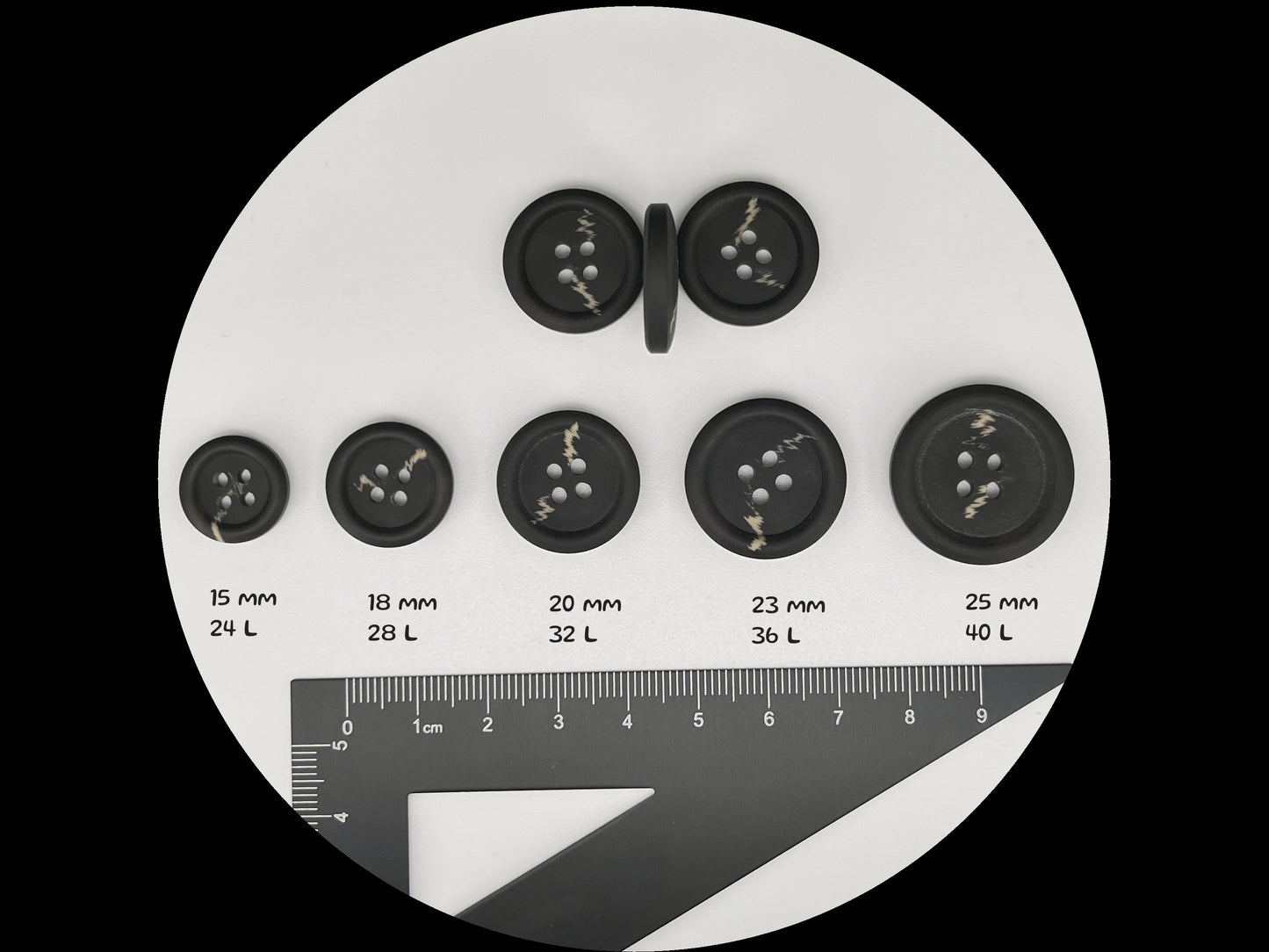 Dark Grey Horn Imitation Buttons, Two Tones, 15-25mm (24L-40L). 4-Hole Sew On for Suits, Pants, Dresses, Coats, Jackets, Sweaters