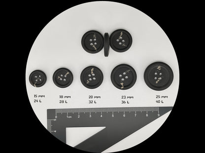 Dark Grey Horn Imitation Buttons, Two Tones, 15-25mm (24L-40L). 4-Hole Sew On for Suits, Pants, Dresses, Coats, Jackets, Sweaters
