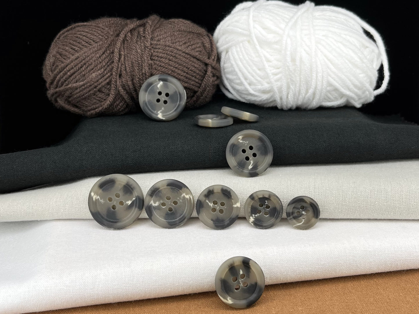 Grey Horn Imitation Buttons, Two Tones, 15-25mm (24L-40L). 4-Hole Sew On for Suits, Pants, Dresses, Coats, Jackets, Sweaters