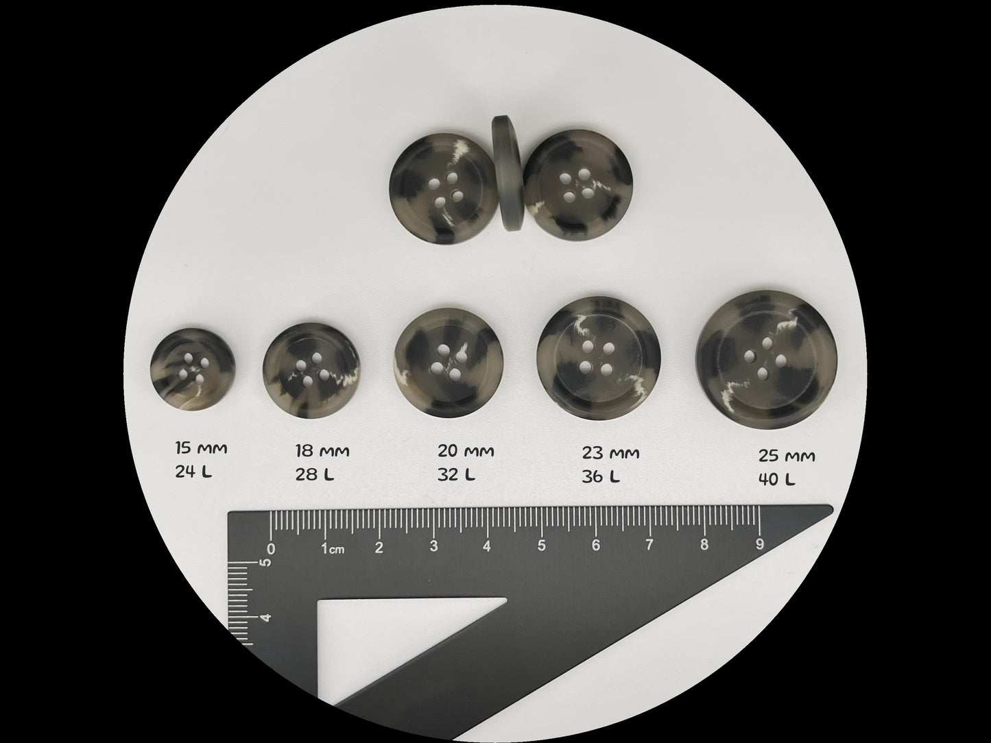 Grey Horn Imitation Buttons, Two Tones, 15-25mm (24L-40L). 4-Hole Sew On for Suits, Pants, Dresses, Coats, Jackets, Sweaters