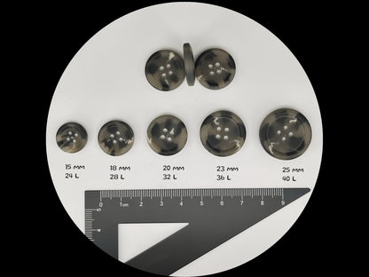 Grey Horn Imitation Buttons, Two Tones, 15-25mm (24L-40L). 4-Hole Sew On for Suits, Pants, Dresses, Coats, Jackets, Sweaters