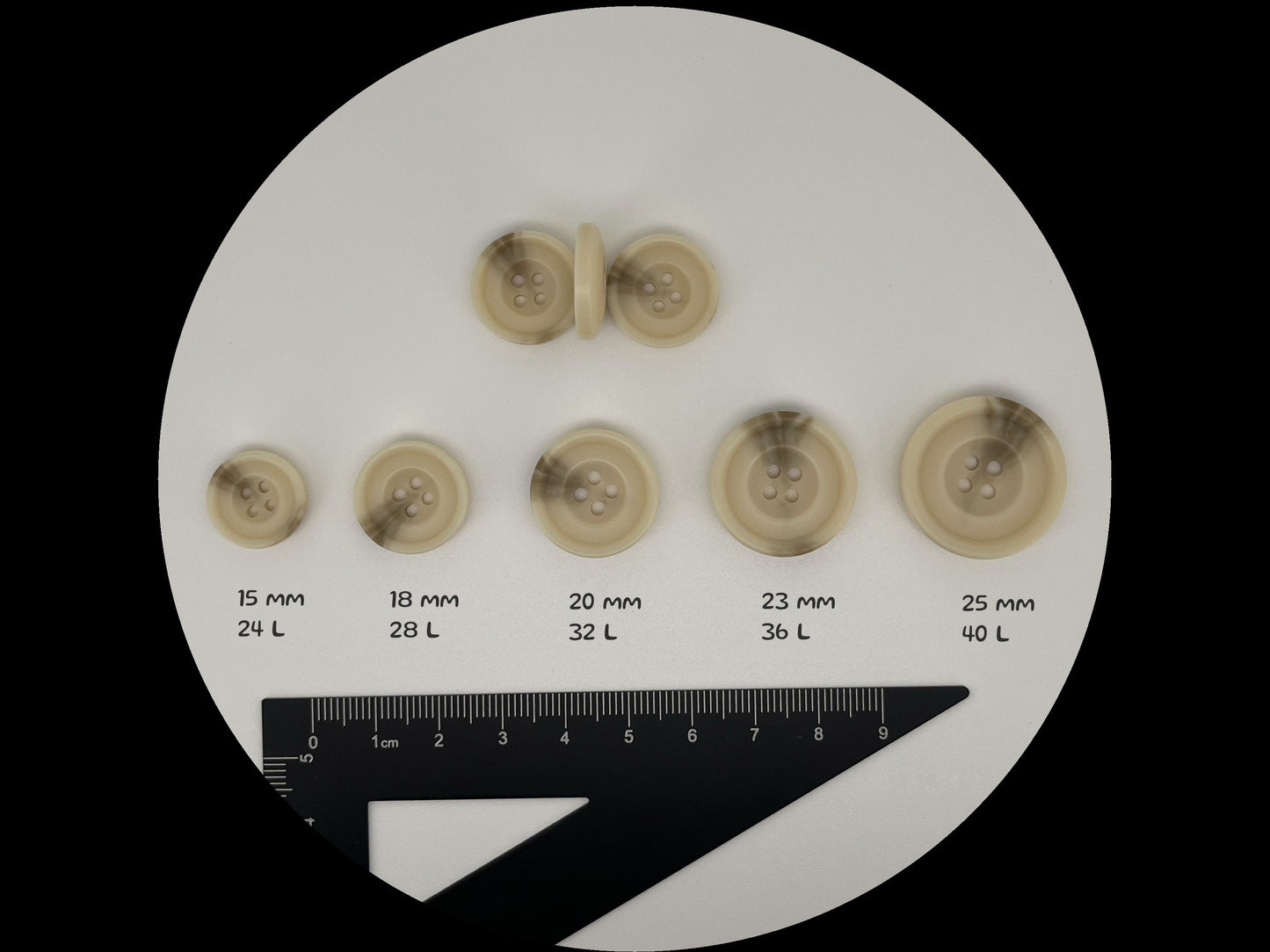 Beige Horn Imitation Resin Buttons, 15-25mm (24L-40L). 4-Hole Sew On for Suits, Pants, Dresses, Coats, Jackets & Sweaters