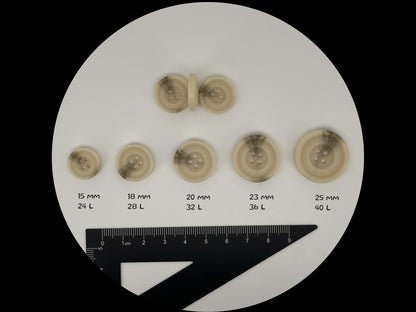 Beige Horn Imitation Resin Buttons, 15-25mm (24L-40L). 4-Hole Sew On for Suits, Pants, Dresses, Coats, Jackets & Sweaters