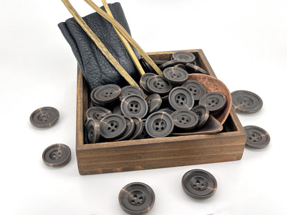 Brown Horn Imitation Resin Buttons, 15-25mm (24L-40L). 4-Hole Sew On for Suits, Pants, Dresses, Coats, Jackets & Sweaters