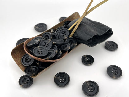 Black Horn Imitation Resin Buttons, 15-25mm (24L-40L). 4-Hole Sew On for Suits, Pants, Dresses, Coats, Jackets & Sweaters