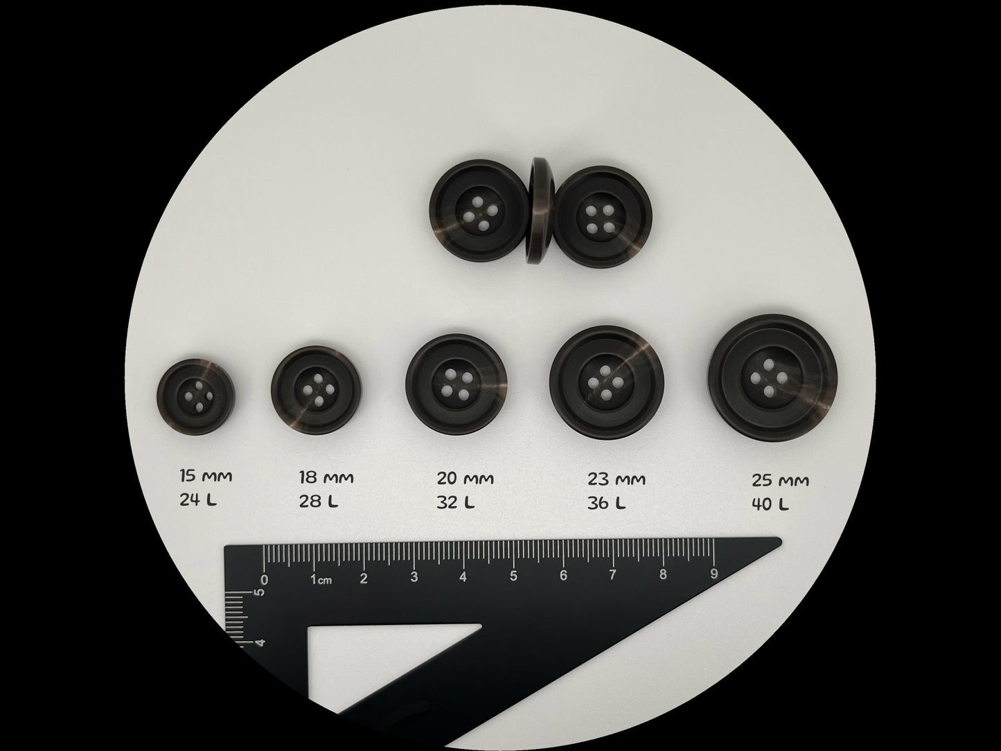 Black Horn Imitation Resin Buttons, 15-25mm (24L-40L). 4-Hole Sew On for Suits, Pants, Dresses, Coats, Jackets & Sweaters
