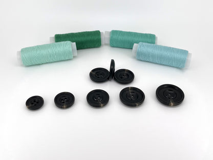Black Horn Imitation Resin Buttons, 15-25mm (24L-40L). 4-Hole Sew On for Suits, Pants, Dresses, Coats, Jackets & Sweaters