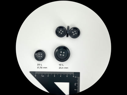 Black Horn Imitation Resin Buttons, 18mm & 25mm (28L & 40L). 4-Hole Sew On for Suits, Pants, Dresses, Coats, Jackets & Sweaters
