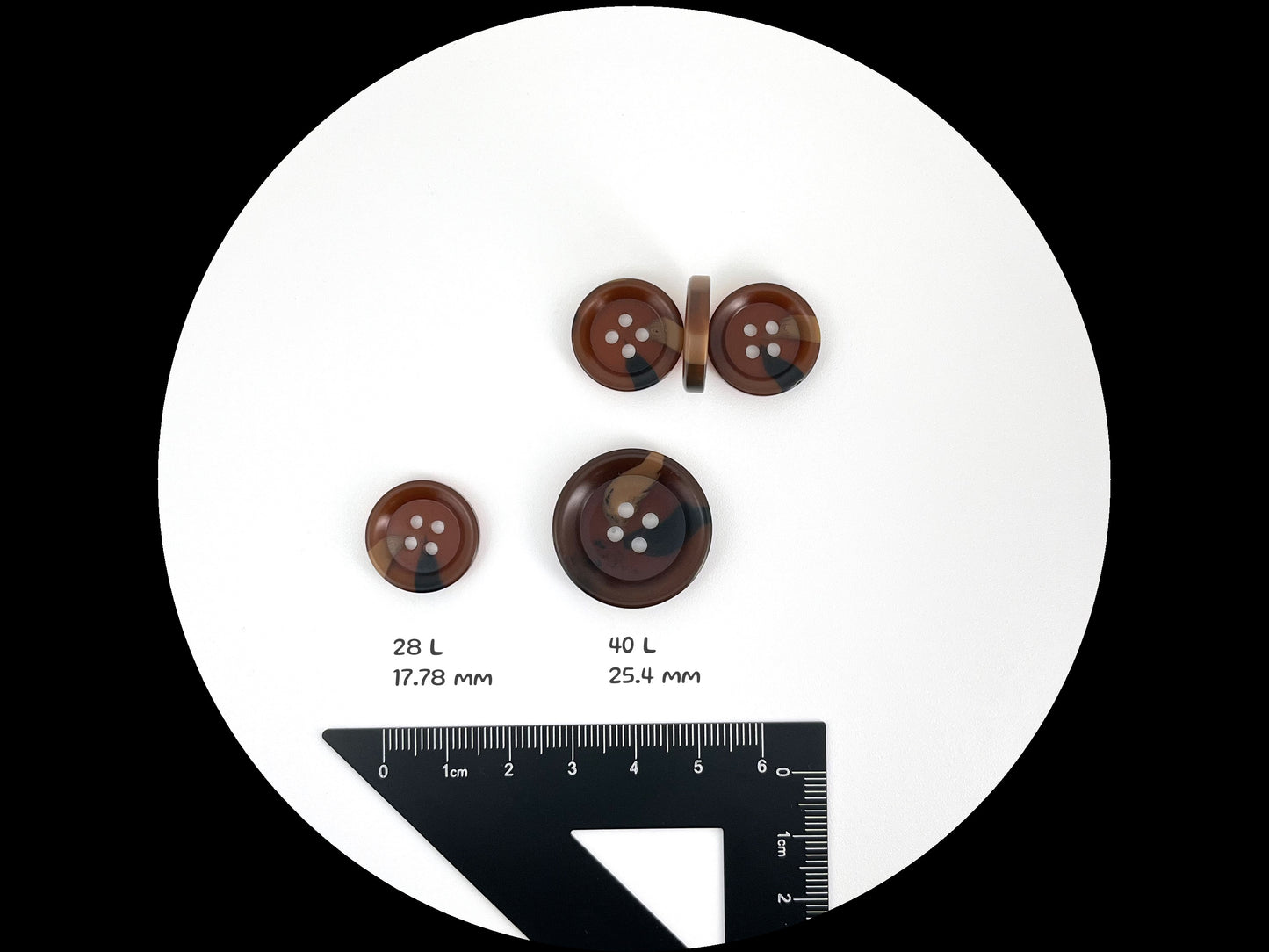 Dark Coffee Brown Horn Imitation Resin Buttons,18mm & 25mm (28L & 40L). 4-Hole Sew On for Suits, Pants, Dresses, Coats, Jackets & Sweaters
