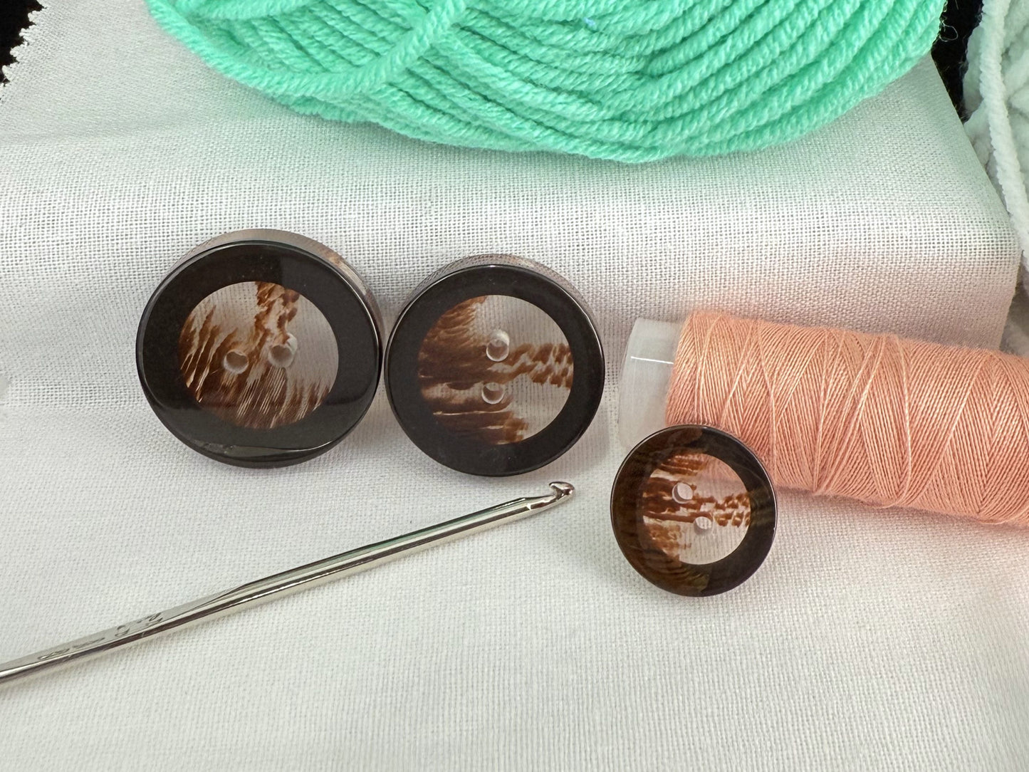 Brown Translucent Horn Imitation Buttons with Solid Rim. 18-28mm (28L-44L), 2-Hole Sew On, for Jackets, Coats, Apparel & Crafts