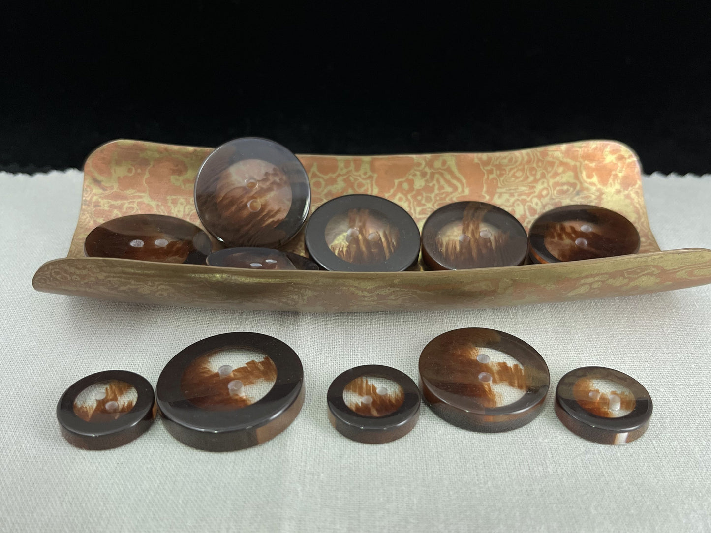 Brown Translucent Horn Imitation Buttons with Solid Rim. 18-28mm (28L-44L), 2-Hole Sew On, for Jackets, Coats, Apparel & Crafts