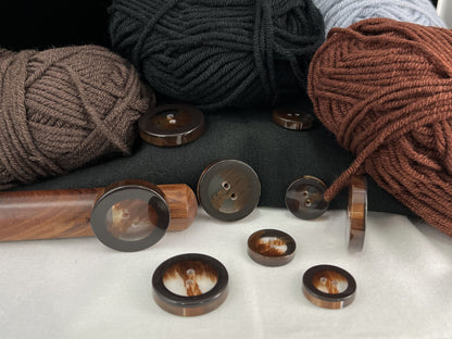 Brown Translucent Horn Imitation Buttons with Solid Rim. 18-28mm (28L-44L), 2-Hole Sew On, for Jackets, Coats, Apparel & Crafts