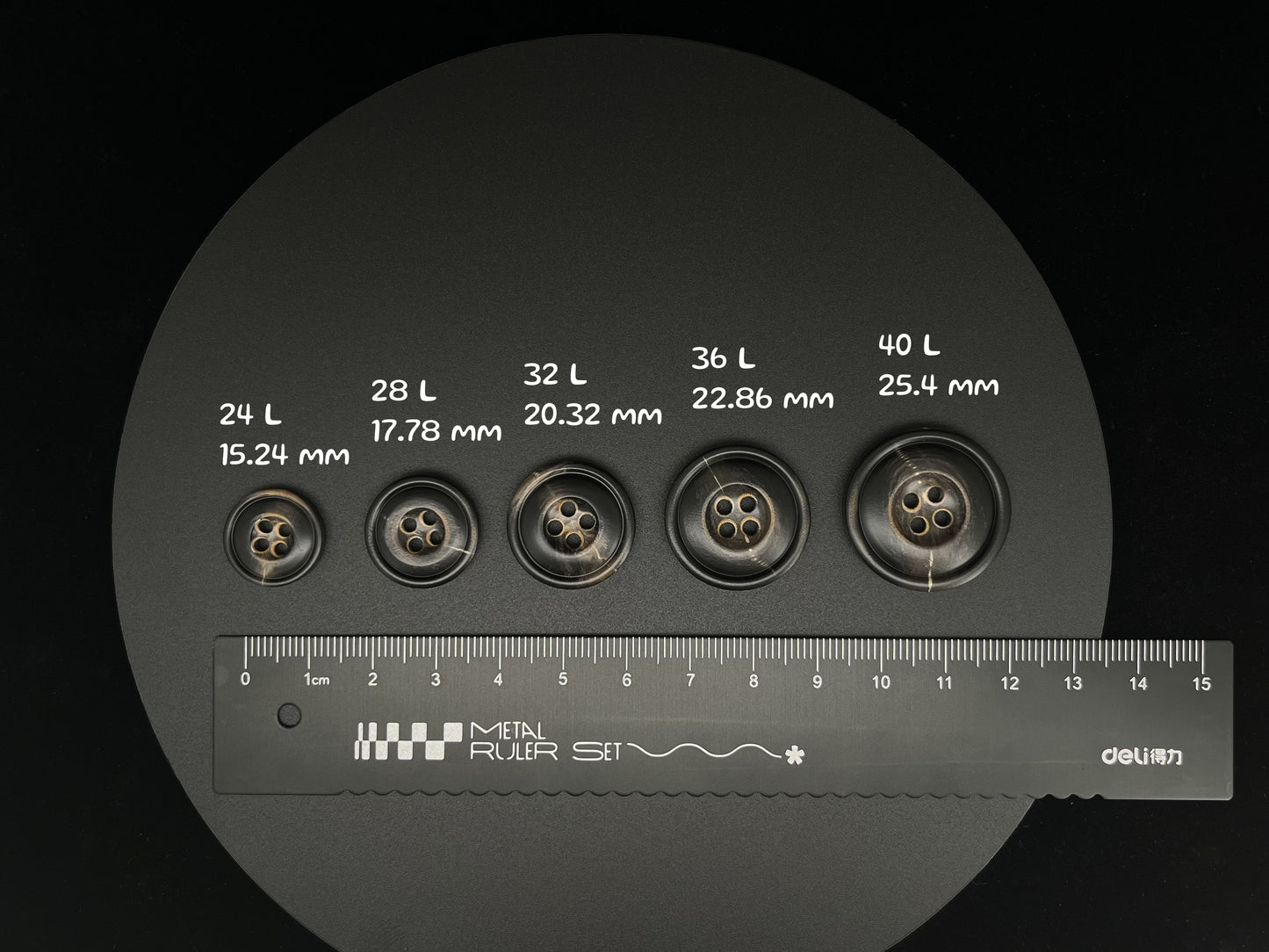 Dark Brown Burned Horn Imitation Buttons, 15-25mm (24L-40L). 4-Hole Sew On for Pants, Dresses, Coats, Jackets, Sweaters & Crafts