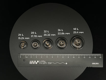 Dark Brown Burned Horn Imitation Buttons, 15-25mm (24L-40L). 4-Hole Sew On for Pants, Dresses, Coats, Jackets, Sweaters & Crafts