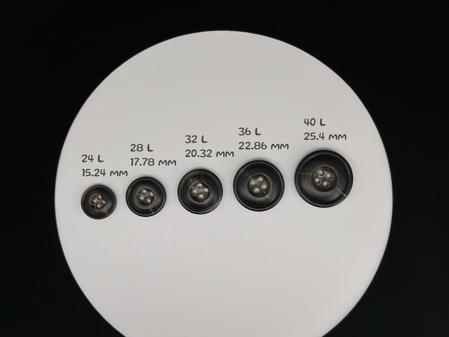 Dark Brown Burned Horn Imitation Buttons, 15-25mm (24L-40L). 4-Hole Sew On for Pants, Dresses, Coats, Jackets, Sweaters & Crafts