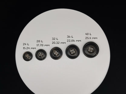 Dark Brown Burned Horn Imitation Buttons, 15-25mm (24L-40L). 4-Hole Sew On for Pants, Dresses, Coats, Jackets, Sweaters & Crafts