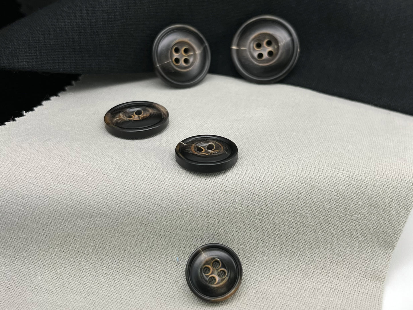 Dark Brown Burned Horn Imitation Buttons, 15-25mm (24L-40L). 4-Hole Sew On for Pants, Dresses, Coats, Jackets, Sweaters & Crafts
