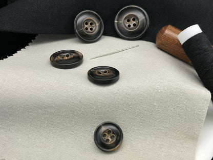 Dark Brown Burned Horn Imitation Buttons, 15-25mm (24L-40L). 4-Hole Sew On for Pants, Dresses, Coats, Jackets, Sweaters & Crafts