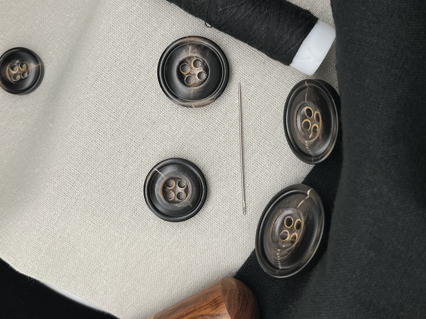 Dark Brown Burned Horn Imitation Buttons, 15-25mm (24L-40L). 4-Hole Sew On for Pants, Dresses, Coats, Jackets, Sweaters & Crafts