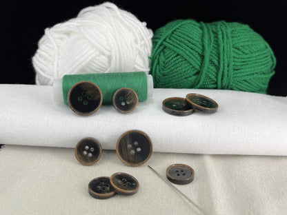 Black & Brown Pearlized Horn Imitation Buttons, 15mm & 20mm (24L & 32L). 4-Hole Sew On for Suits, Pants, Dresses, Coats, Jackets, Sweaters