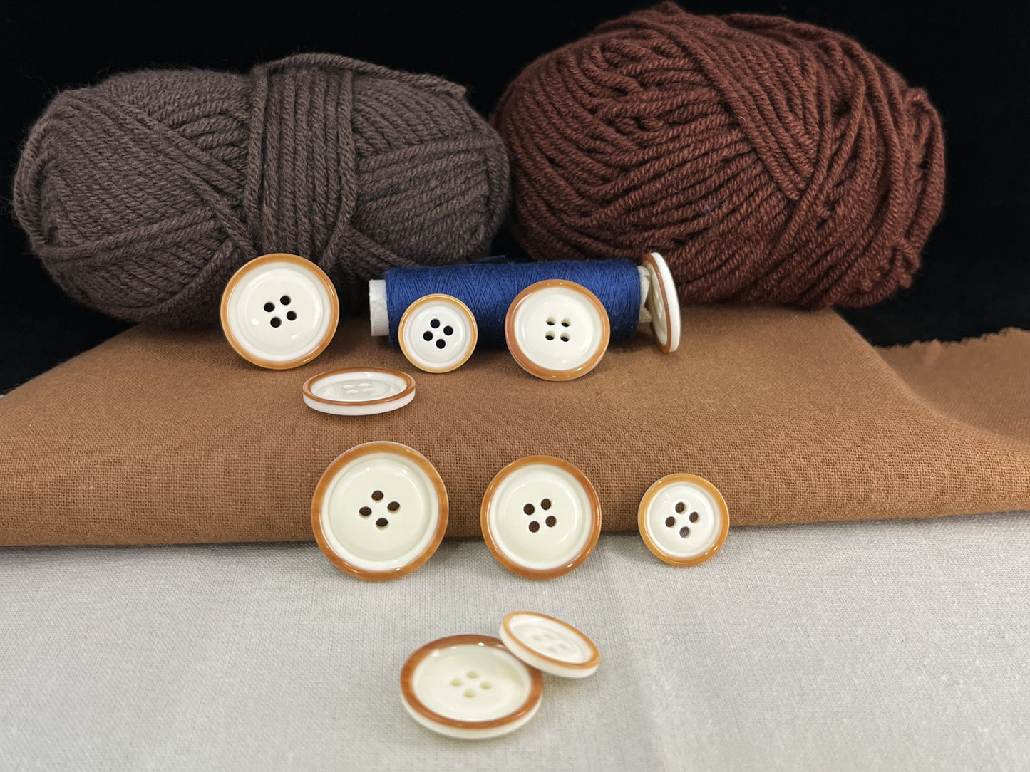 Beige with Brown Rim Two Tone Buttons, 15mm-23mm (24L-36L). 4-Hole Sew On for Suits, Pants, Dresses, Coats, Jackets & Sweaters