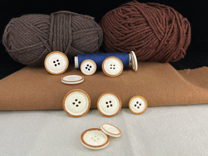 Beige with Brown Rim Two Tone Buttons, 15mm-23mm (24L-36L). 4-Hole Sew On for Suits, Pants, Dresses, Coats, Jackets & Sweaters