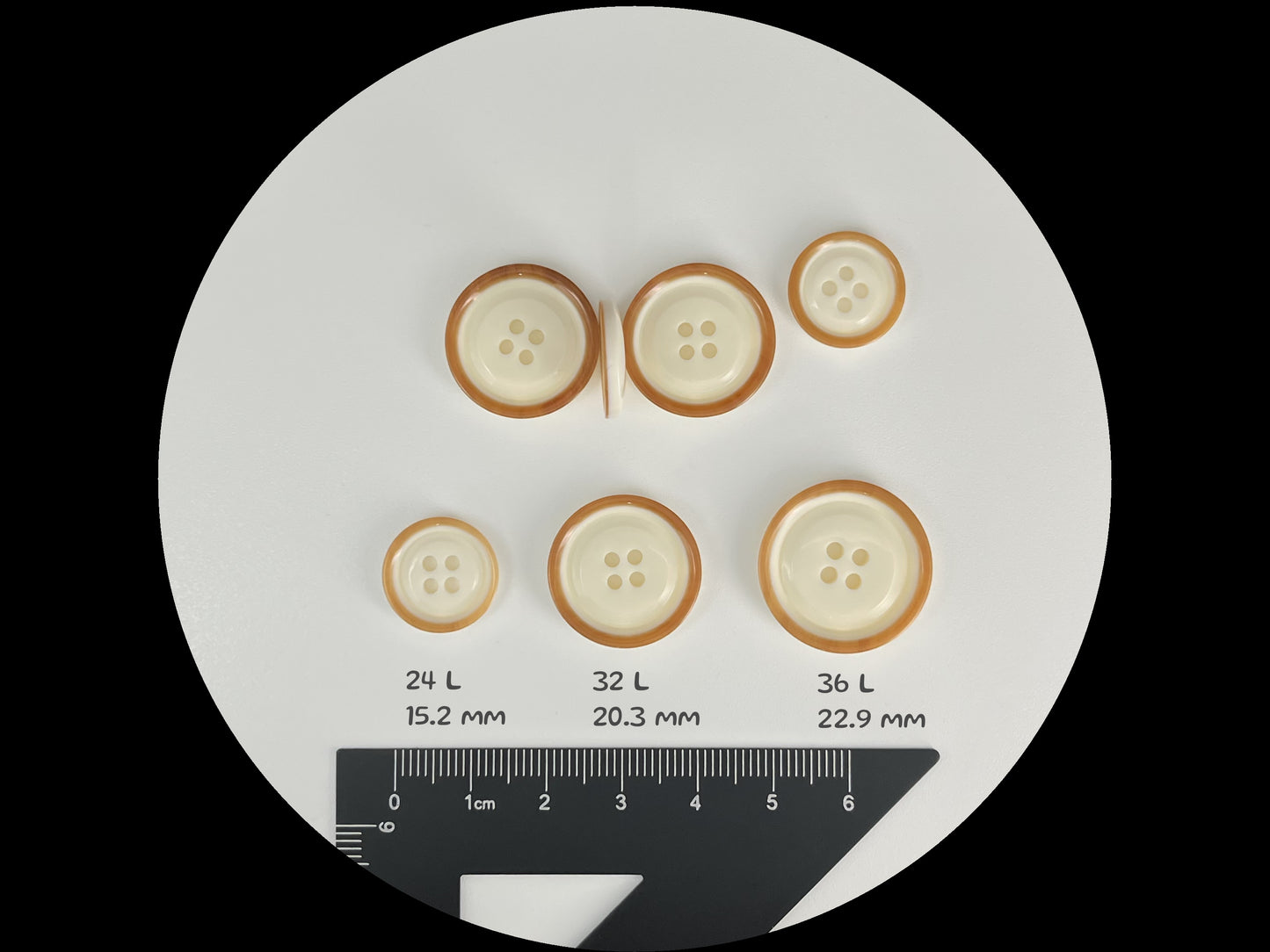 Beige with Brown Rim Two Tone Buttons, 15mm-23mm (24L-36L). 4-Hole Sew On for Suits, Pants, Dresses, Coats, Jackets & Sweaters